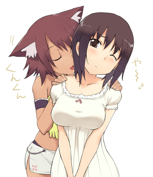 nora higuma, original, hands on shoulders, md5 mismatch, 2girls, animal ears, bare shoulders, breasts, brown eyes, brown hair, cat ears, cat girl, closed eyes, collarbone, dark-skinned female, dark skin, female focus, multiple girls, one eye closed, open mouth, short hair, simple background, skirt, white background, wink, yuri