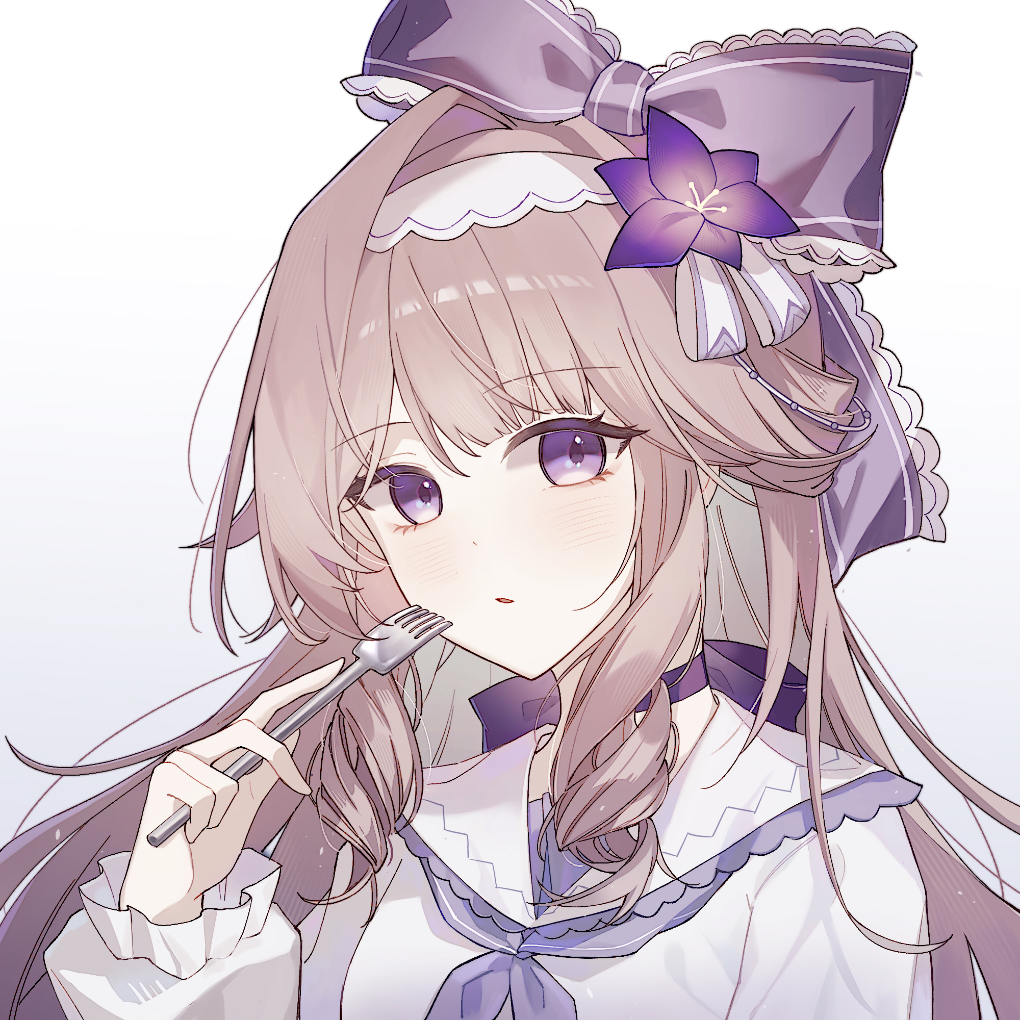annin toofu, herta (honkai: star rail), honkai: star rail, honkai (series), highres, 1girl, alternate costume, blush, bow, brown hair, eyebrows hidden by hair, eyelashes, flower, fork, hair bow, hair flower, hair ornament, hair ribbon, holding, holding fork, long hair, long sleeves, looking at viewer, open mouth, purple eyes, purple ribbon, ribbon, school uniform, solo