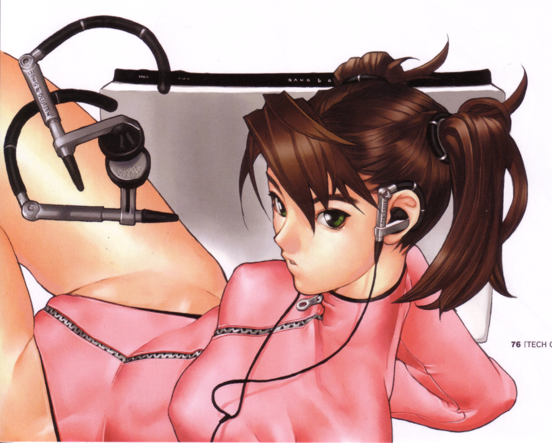 hakua ugetsu, highres, brown hair, earphones, green eyes, headphones, leotard, solo, twintails