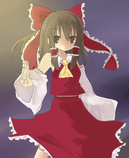 himegimi, hakurei reimu, touhou, bad id, bad pixiv id, 1girl, brown eyes, brown hair, female focus, gradient background, japanese clothes, miko, skirt, solo