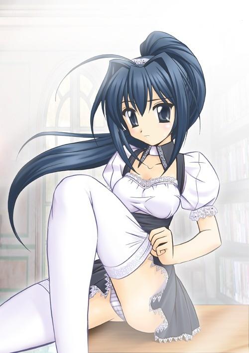 1girl, blue hair, dressing, female focus, hair intakes, long hair, panties, pantyshot, ponytail, solo, striped clothes, striped panties, thighhighs, underwear