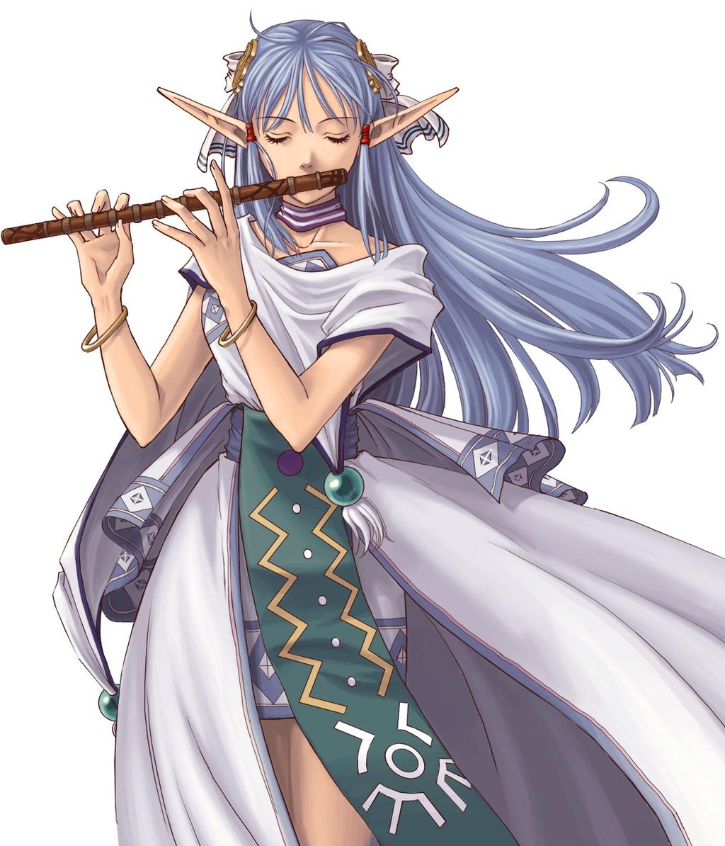 taue shunsuke, olha (ys), ys, ys vi, ys vi: the ark of napishtim, official art, 1girl, blue hair, closed eyes, elf, female focus, flute, hair ornament, hairpin, instrument, long hair, pointy ears, rehda, solo, tabard, white background