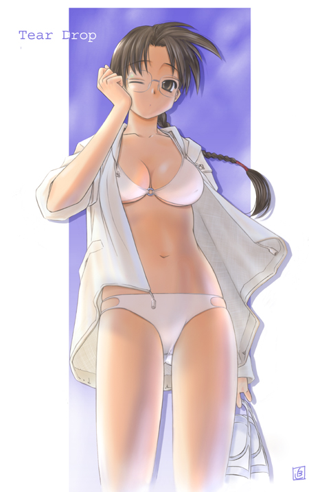 tsuina, hoshina tomoko, to heart, to heart (series), 1girl, bikini, braid, brown eyes, brown hair, female focus, glasses, hood, hoodie, one eye closed, open clothes, open shirt, shirt, sleeves rolled up, solo, swimsuit, white bikini, wink