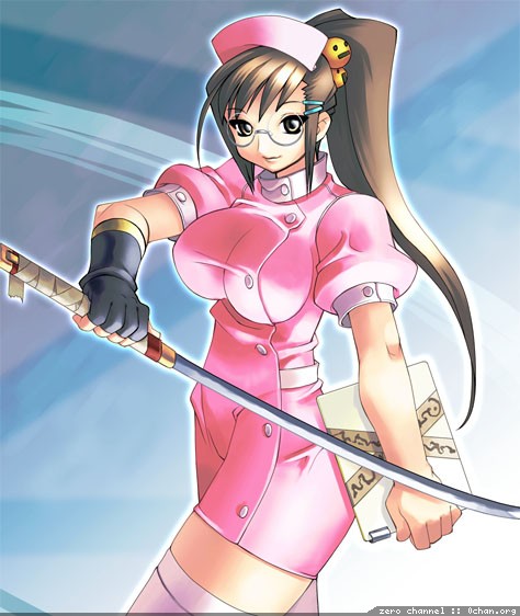 1girl, breasts, brown eyes, brown hair, clipboard, female focus, fingerless gloves, glasses, gloves, hat, large breasts, long hair, nurse, nurse cap, ponytail, single glove, smile, solo, sword, thighhighs, weapon, white thighhighs