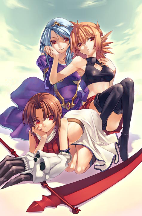 hirano katsuyuki, hiro (spectral force), mayura, mayura (spectral force), roze, roze (spectral souls), generation of chaos, shin tenmakai -goc iv another side-, spectral (series), spectral force, spectral souls, spectral vs generation, black legwear, official art, 00s, 3girls, blue hair, brown hair, claws, cleavage cutout, clothing cutout, cloud, crop top, dress, head rest, holding hands, jewelry, kneeling, multiple girls, orange hair, parted bangs, pointy ears, red eyes, scythe, short hair, sitting, skirt, skull, sky, smile, spiked hair, thighhighs, tiara, weapon