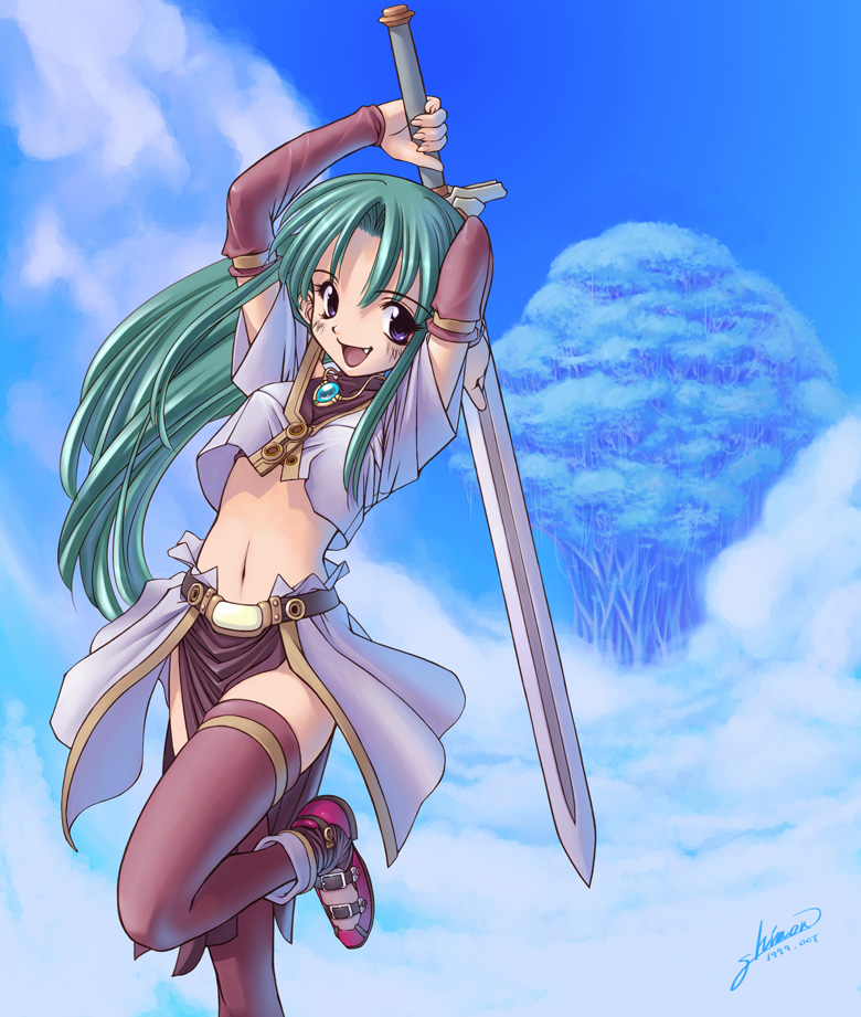 tomomimi shimon, original, md5 mismatch, 1girl, female focus, green hair, long hair, midriff, navel, purple eyes, solo, sword, thighhighs, weapon