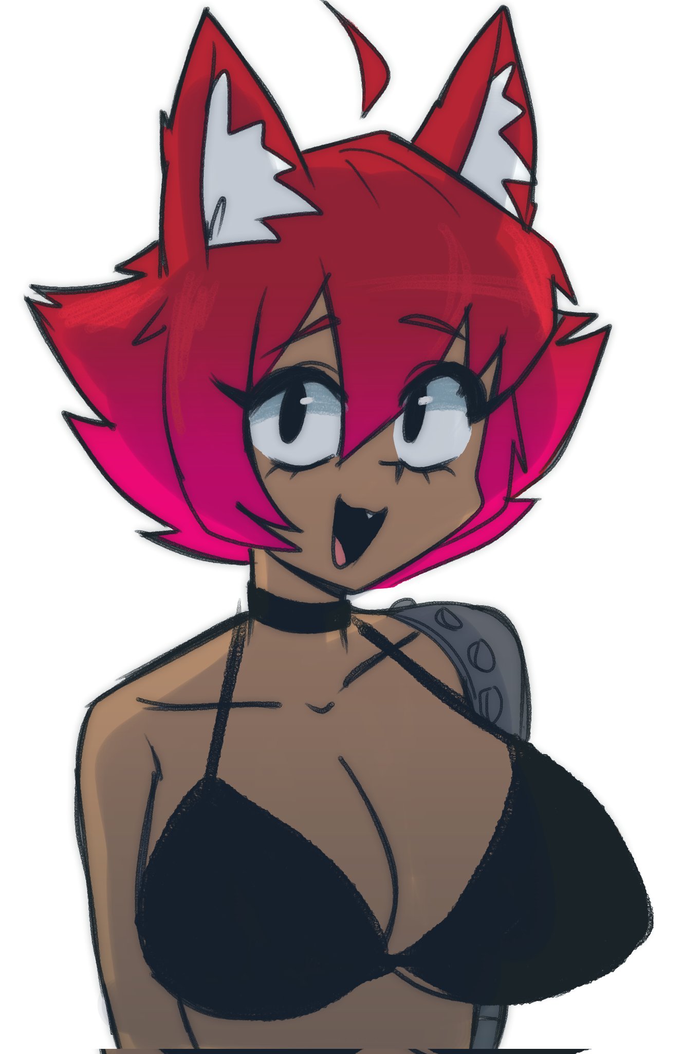 ekowrosmi, original, highres, 1girl, ahoge, animal ear fluff, animal ears, bikini, black bikini, black collar, breasts, cat ears, cleavage, collar, collarbone, dark-skinned female, dark skin, ears down, large breasts, looking to the side, mechanical arms, mechanical tail, open mouth, red hair, shapherdess (ekowrosmi), shark tooth, short hair, sigh, solo, swimsuit, tail, tan, toned, toned female, toon (style), white background