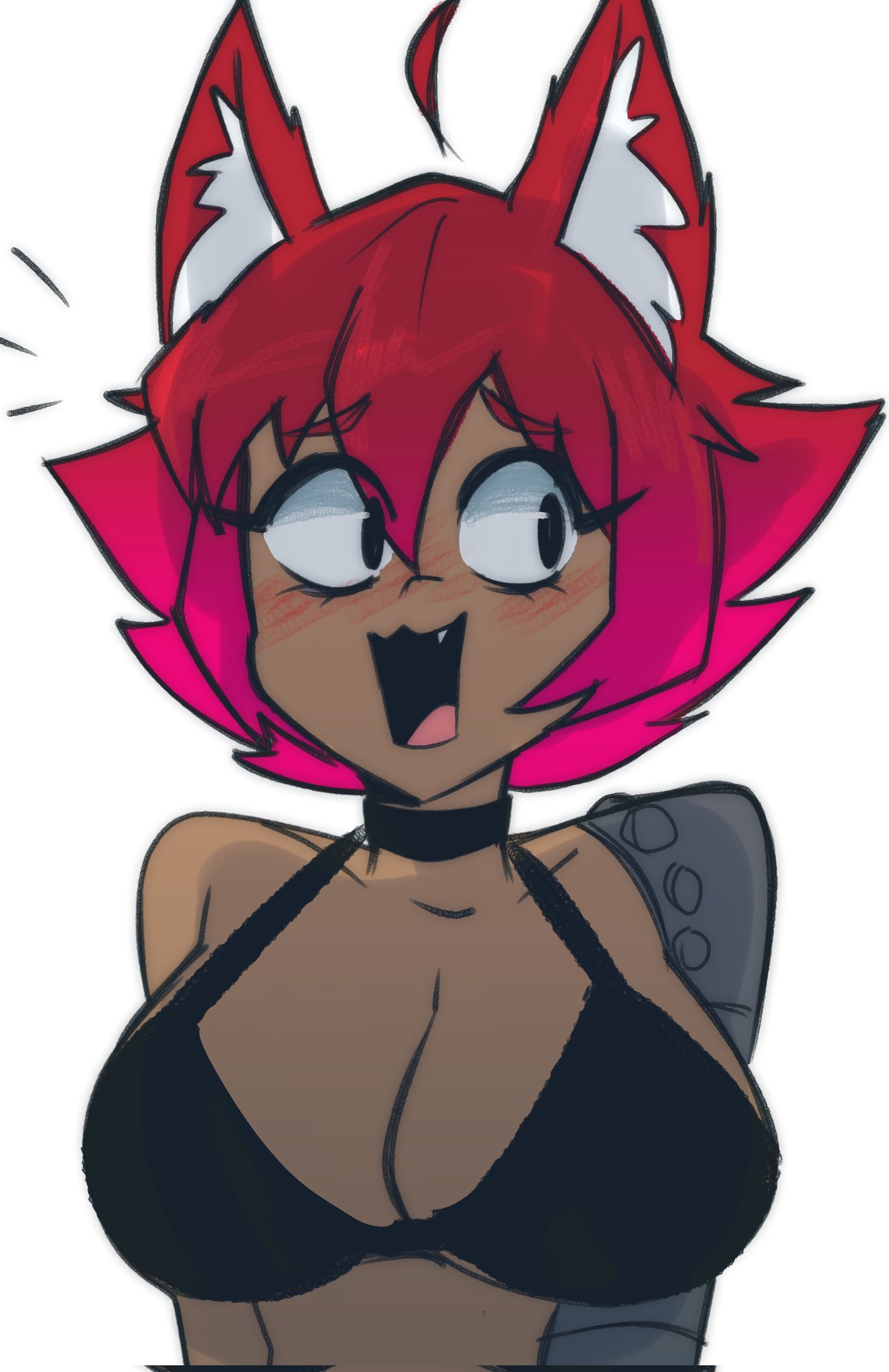 ekowrosmi, original, highres, 1girl, ahoge, animal ear fluff, animal ears, bikini, black bikini, black collar, blush, breasts, cat ears, cleavage, collar, collarbone, dark-skinned female, dark skin, hetero, large breasts, looking to the side, mechanical arms, red hair, shapherdess (ekowrosmi), short hair, solo, swimsuit, tail, tan, toned, toned female, toon (style), white background
