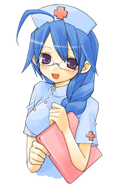 ahoge, blue hair, blush, braid, clipboard, glasses, nurse, purple eyes, solo