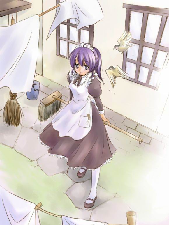 1girl, bird, blue eyes, female focus, maid, mop, pantyhose, purple hair, solo, white pantyhose