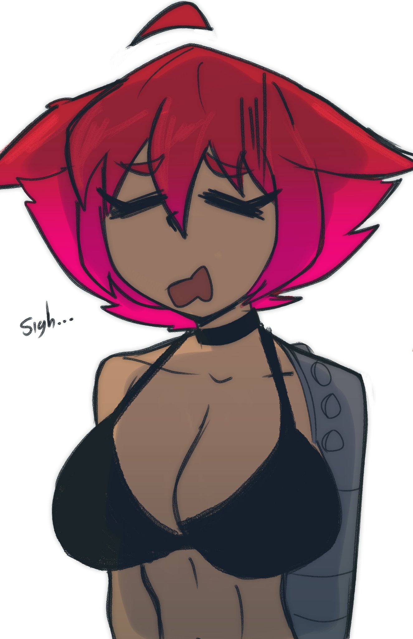 ekowrosmi, original, highres, 1girl, ahoge, animal ear fluff, animal ears, bikini, black bikini, black collar, breasts, cat ears, cleavage, closed eyes, collar, collarbone, dark-skinned female, dark skin, large breasts, mechanical arms, open mouth, red hair, shapherdess (ekowrosmi), short hair, sigh, solo, swimsuit, tail, tan, toned, toned female, toon (style), white background