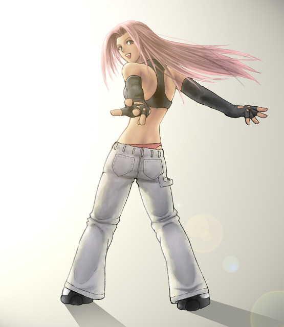 idnar, character request, md5 mismatch, 1girl, back, denim, elbow gloves, female focus, gloves, jeans, long hair, looking back, pants, pink hair, solo