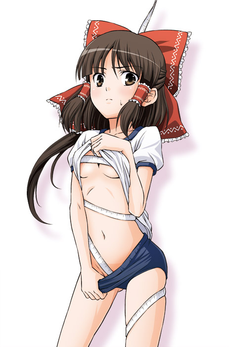 tomokichi, hakurei reimu, touhou, 1girl, alternate costume, black hair, bow, breasts, brown eyes, brown hair, budget sarashi, buruma, clothes lift, female focus, groin, gym uniform, hair bow, hair tubes, midriff, navel, no bra, ribbon, sarashi, shirt lift, small breasts, solo, tape measure, underboob