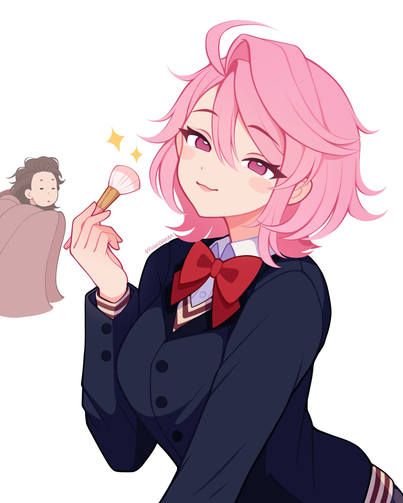 vivianvalenart, ayase momo, shiratori aira (dandadan), dandadan, commentary, english commentary, highres, 2girls, = =, blanket, blazer, blue jacket, blush stickers, bow, bowtie, breasts, brown hair, closed eyes, closed mouth, collared shirt, dress shirt, hair between eyes, holding, holding brush, holding makeup brush, jacket, large breasts, long sleeves, looking at viewer, makeup brush, medium hair, messy hair, multiple girls, parted lips, pink eyes, pink hair, red bow, red bowtie, school uniform, shirt, short eyebrows, simple background, smile, solo focus, sparkle, twitter username, upper body, white background, white shirt