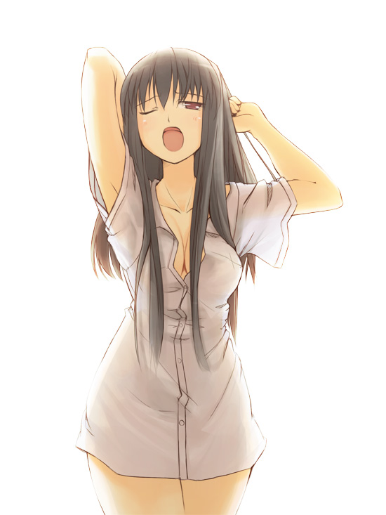 jirou (chekoro), original, 1girl, breasts, brown eyes, brown hair, cleavage, female focus, large breasts, long hair, nightshirt, one eye closed, see-through clothes, shirt, solo, unbuttoned, wink, yawning