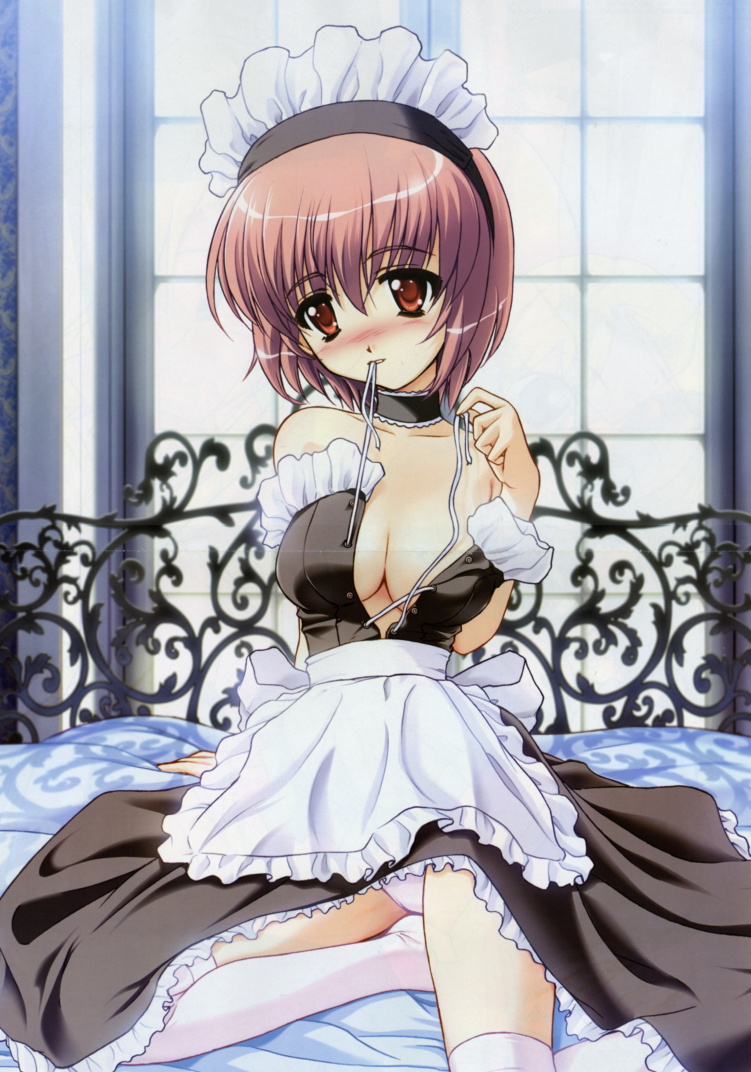 toma (asagayatei), absurdres, highres, 1girl, bed, blush, breasts, brown hair, choker, cleavage, female focus, large breasts, maid, mouth hold, panties, red eyes, short hair, solo, thighhighs, underwear, undressing