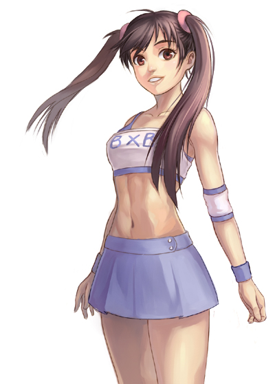 tagme, brown eyes, brown hair, midriff, skirt, solo, twintails