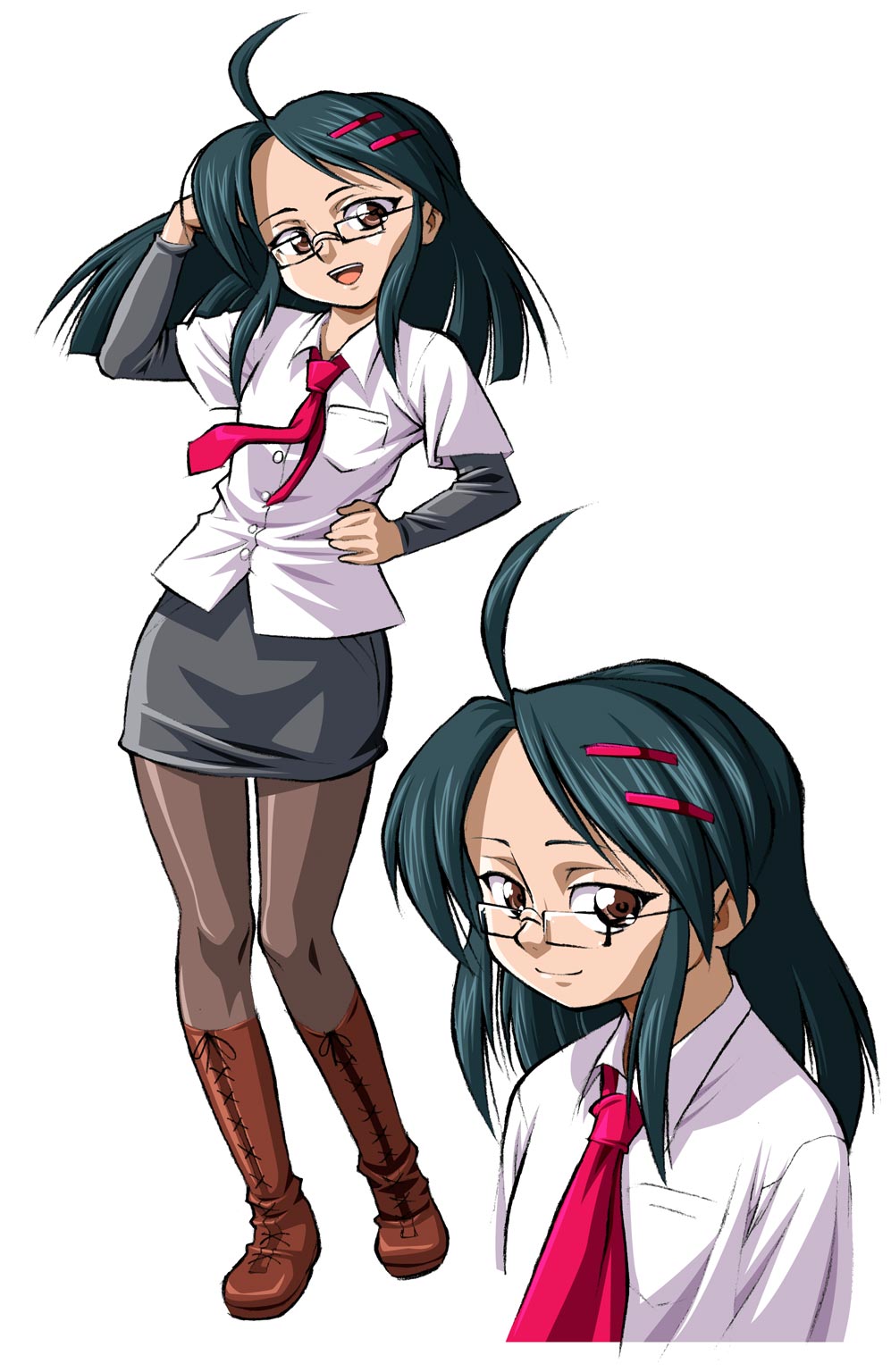 highres, ahoge, boots, brown eyes, glasses, green hair, necktie, pantyhose