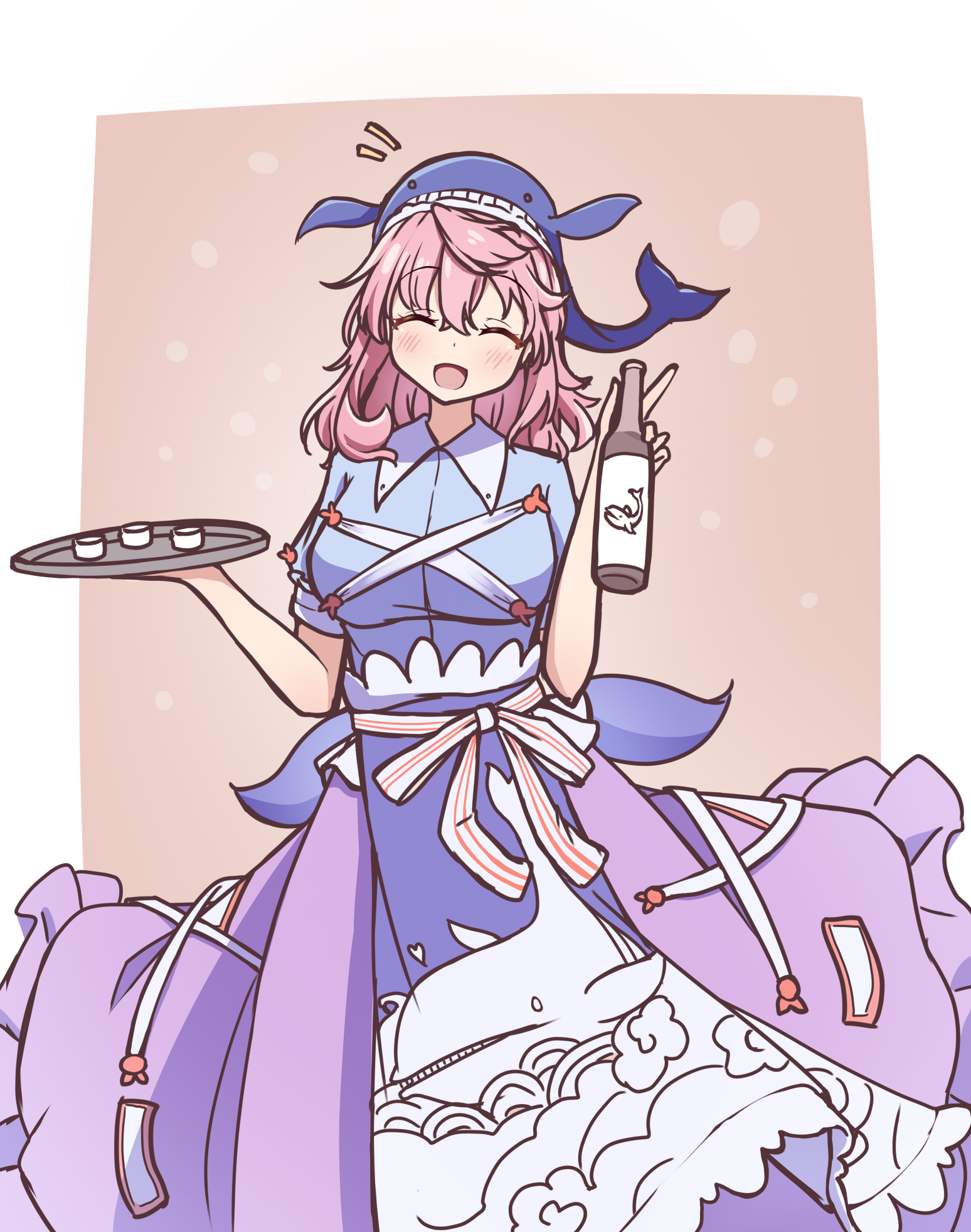 hashi2387, okunoda miyoi, touhou, commentary request, highres, 1girl, animal print, apron, blue apron, blue hat, blue shirt, blush, breasts, closed eyes, collared shirt, facing viewer, fish print, hat, holding, holding tray, long hair, open mouth, pink hair, pink skirt, shirt, skirt, smile, solo, tray, two-tone apron, waist apron, whale hat, whale print