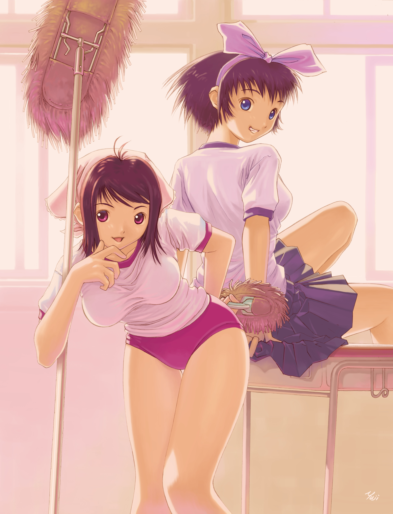 kobayashi yuji, highres, 2girls, bare legs, bent over, blue eyes, bow, breasts, brown hair, buruma, classroom, female focus, gym uniform, headscarf, leaning forward, medium breasts, mop, multiple girls, naughty face, pink eyes, school, short hair, sitting, skirt, smile, sunset