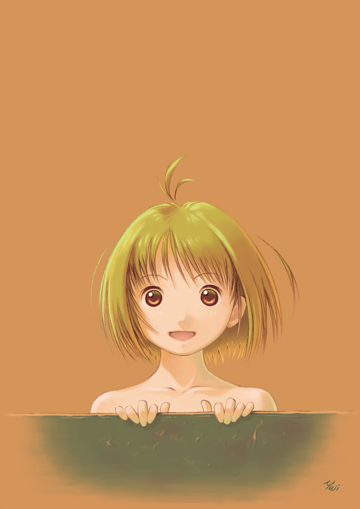 kobayashi yuji, highres, 1girl, :d, antenna hair, artist name, collarbone, female focus, green hair, looking at viewer, nude, open mouth, orange eyes, short hair, signature, simple background, smile, solo, upper body