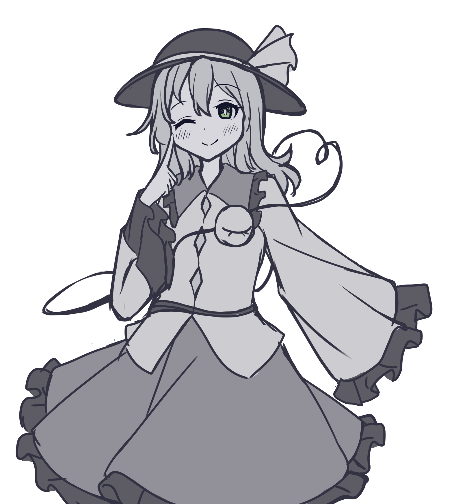 hashi2387, komeiji koishi, touhou, commentary request, highres, 1girl, blush, buttons, closed mouth, collared shirt, diamond button, eyeball, frilled shirt collar, frilled skirt, frilled sleeves, frills, green eyes, greyscale, hat, hat ribbon, heart, heart of string, long sleeves, looking at viewer, monochrome, ribbon, shirt, skirt, smile, solo, spot color, third eye, wide sleeves