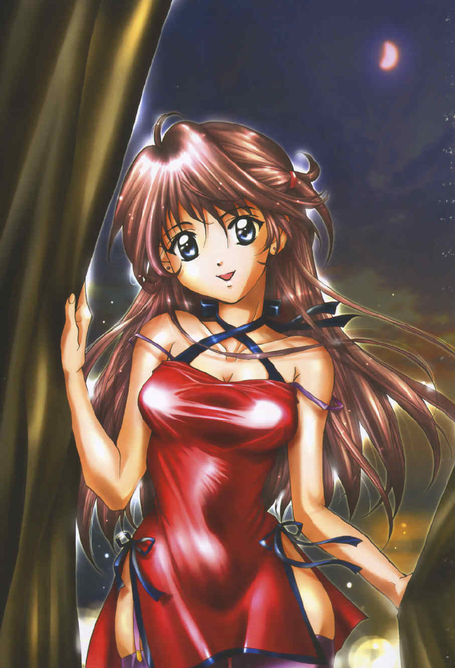 highres, tagme, bare shoulders, blue eyes, brown hair, dress, long hair, solo