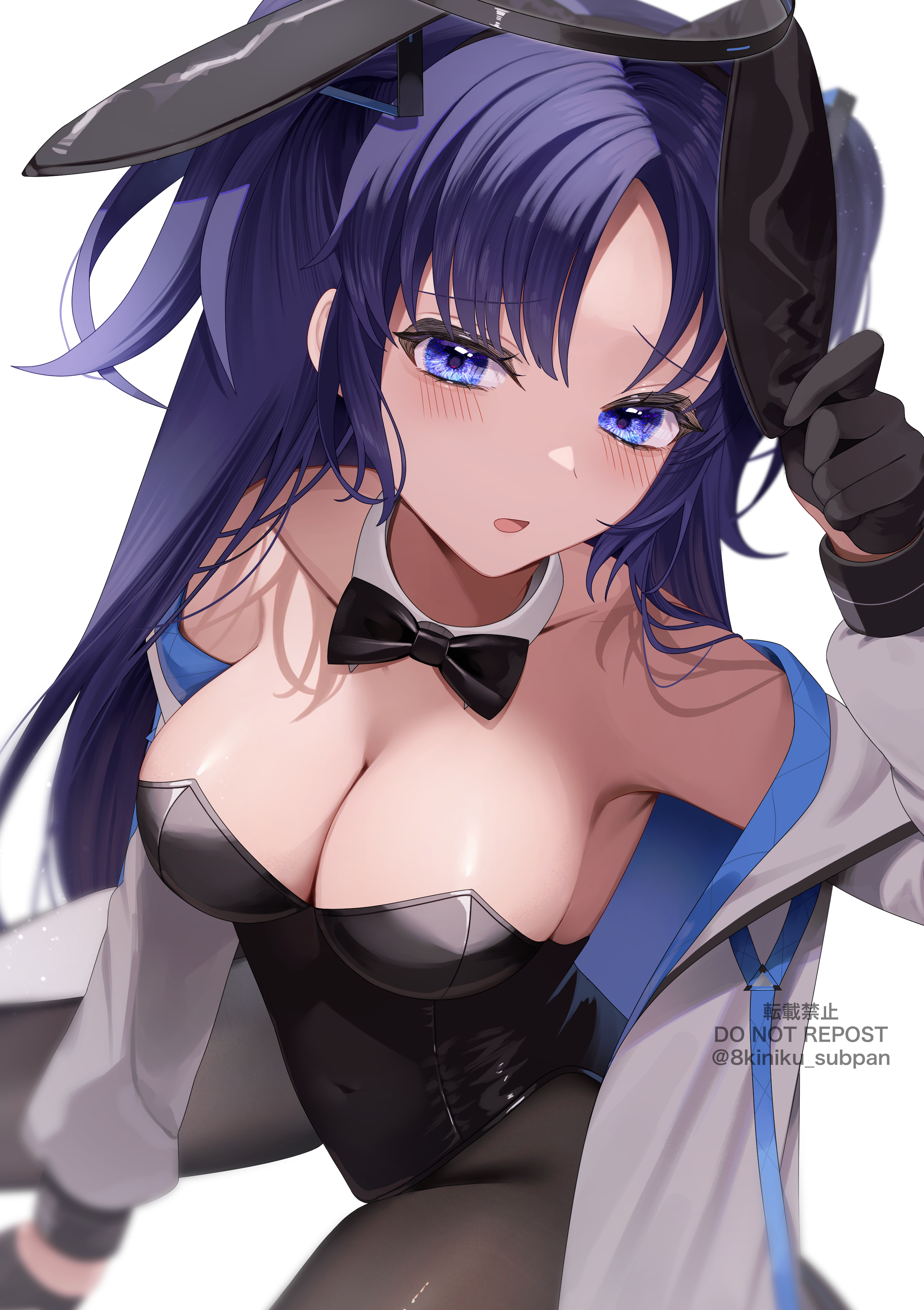 yakiniku pan, yuuka (blue archive), blue archive, absurdres, highres, animal ears, bare shoulders, between legs, black bow, black bowtie, black pantyhose, bow, bowtie, breasts, cleavage, collarbone, covered navel, detached collar, hair ornament, hand between legs, jacket, large breasts, leotard, long hair, looking at viewer, navel, off shoulder, open clothes, open jacket, open mouth, pantyhose, playboy bunny, purple eyes, purple hair, rabbit ears, short twintails, sitting, twintails, white jacket