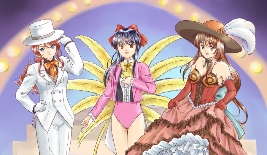 kanakoz, erica fontaine, gemini sunrise, shinguuji sakura, sakura taisen, sakura taisen iii, sakura taisen v, 3girls, black hair, black ribbon, black shirt, blue eyes, breasts, brown eyes, brown hair, cleavage, dress, elbow gloves, feathers, flower, formal clothes, freckles, gloves, hair ribbon, hand on own hip, hat, hat feather, hat flower, hat tip, holding, leotard, long hair, looking at viewer, low-tied long hair, multiple girls, official alternate costume, open mouth, orange ribbon, pants, picture hat, pink suit, ponytail, red dress, red gloves, red hair, red ribbon, red skirt, ribbon, shirt, sidelocks, skirt, smile, suit, white gloves, white hat, white pants, white suit, yellow feathers, yellow ribbon
