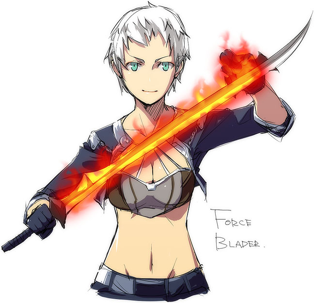 kyo (kuroichigo), original, 1girl, breasts, cleavage, crop top, cropped jacket, female focus, fire, flaming sword, flaming weapon, gloves, green eyes, large breasts, magic, midriff, navel, short hair, sketch, solo, sword, upper body, weapon, white hair