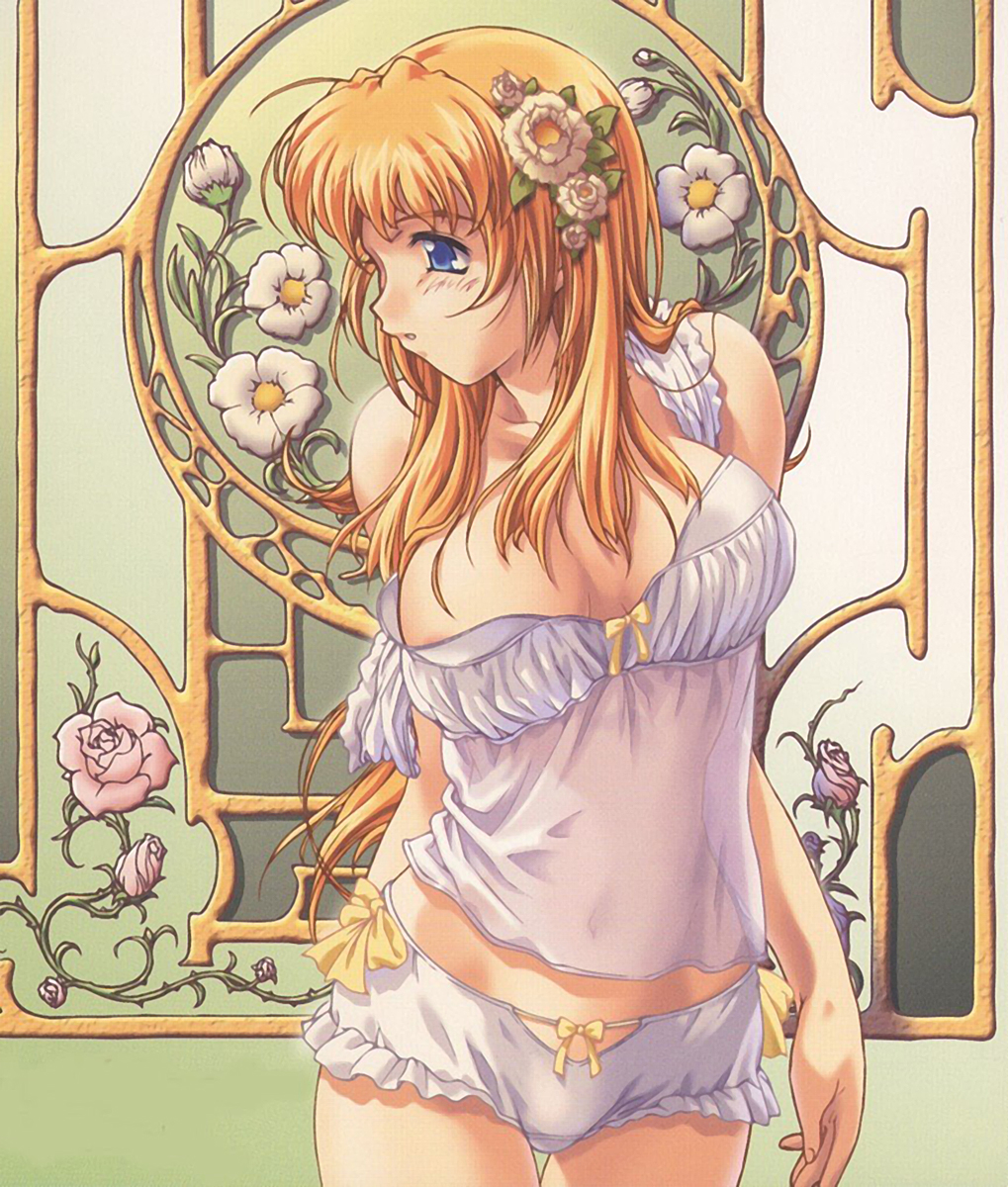 kinutani akira, felicia alto rectandoll, la vie de chateau, highres, 1girl, ahoge, areola slip, art nouveau, blonde hair, blue eyes, blush, bow, bow panties, breasts, camisole, female focus, flower, frilled panties, frills, hair flower, hair ornament, large breasts, lingerie, long hair, navel, orange hair, panties, rose, see-through clothes, solo, standing, strap slip, thigh gap, thorns, underwear, underwear only, white panties