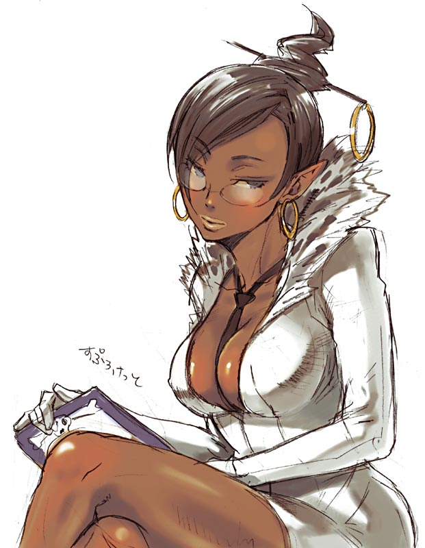 sprocket (viewtiful joe), capcom, viewtiful joe, 00s, 1girl, breasts, brown hair, business suit, cleavage, clipboard, dark-skinned female, dark skin, earrings, female focus, formal clothes, glasses, gloves, hair ornament, hairpin, jewelry, large breasts, necktie, pointy ears, sketch, solo, suit