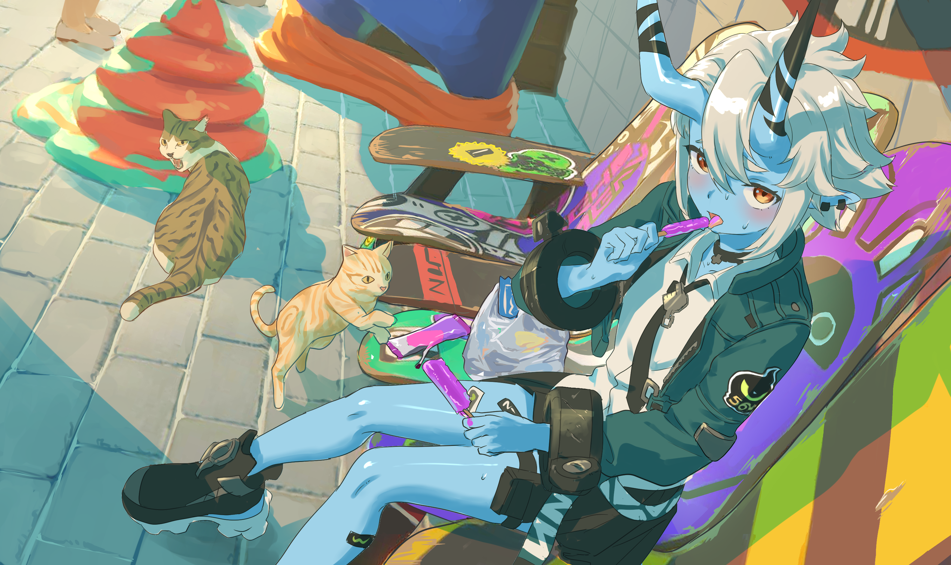 esubui, soukaku (zenless zone zero), zenless zone zero, highres, 1girl, bag, bench, black choker, black horns, black necktie, blue horns, blue oni, blue skin, blush, cat, choker, collared shirt, colored skin, earrings, evening, eyebrows hidden by hair, fisheye, food, green jacket, grey hair, hair between eyes, hair between horns, holding, holding food, holding popsicle, horns, jacket, jewelry, licking, long sleeves, looking at viewer, melting, melting popsicle, miniskirt, multicolored horns, necktie, on bench, oni, open clothes, open jacket, outdoors, plastic bag, pointy ears, popsicle, raised inner eyebrows, shirt, shoes, shopping bag, short hair, sitting, skin-covered horns, skirt, sticker, sticker on leg, sweat, tongue, tongue out, two-tone horns, white shirt, yellow eyes