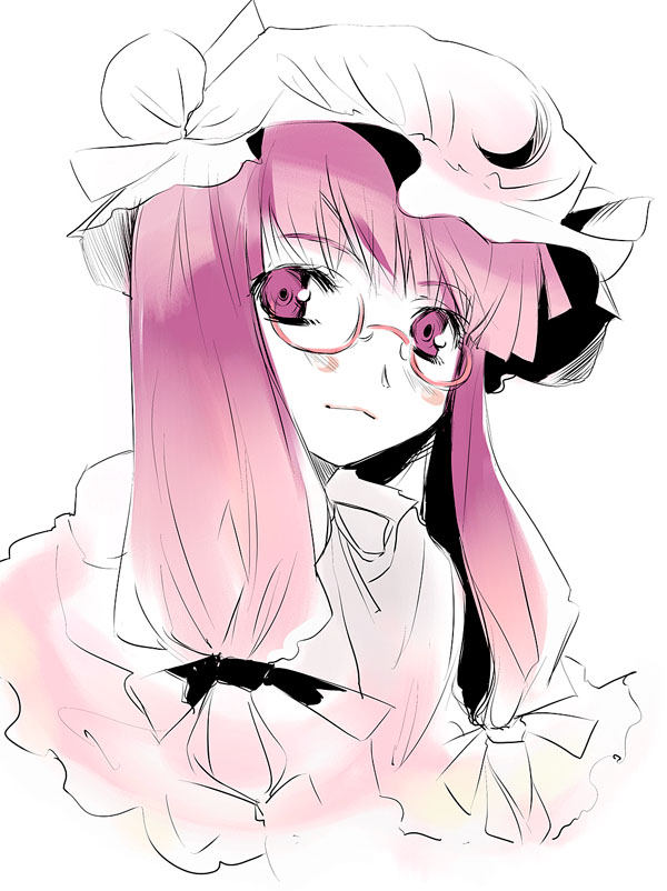 yuu (kfc), patchouli knowledge, touhou, duplicate, 1girl, bespectacled, female focus, glasses, hat, long hair, partially colored, purple eyes, purple hair, ribbon, sketch, solo, upper body, white background