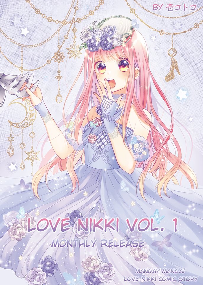 ichi kotoko, nikki (nikki), miracle nikki, nikki (series), official art, 1girl, artist name, bare shoulders, beret, blue background, blue choker, blue dress, blue flower, blue gloves, blue rose, blue sleeves, choker, colored tips, cover, cover page, crescent, curtains, detached sleeves, dress, eyelashes, fingerless gloves, fingernails, flower, gloves, gown, grey flower, grey rose, hand on own chin, hat, hat flower, holding hands, ice blue rose (miracle nikki), lace, lace choker, light particles, long dress, long hair, looking at viewer, manga cover, multicolored hair, pink hair, puffy short sleeves, puffy sleeves, rose, short sleeves, sidelocks, solo focus, star (symbol), strapless, strapless dress, surprised, tareme, wavy hair, white hat, yellow eyes