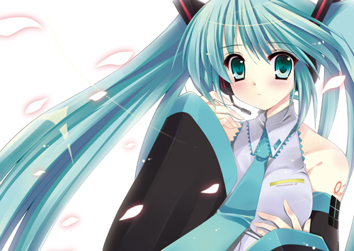 sakura hanpen, hatsune miku, sakura sakura, vocaloid, lowres, 1girl, aqua hair, collared shirt, detached sleeves, female focus, grey shirt, hair between eyes, hair ornament, headphones, long hair, looking at viewer, microphone, necktie, petals, shirt, solo, tattoo, twintails, upper body, white background