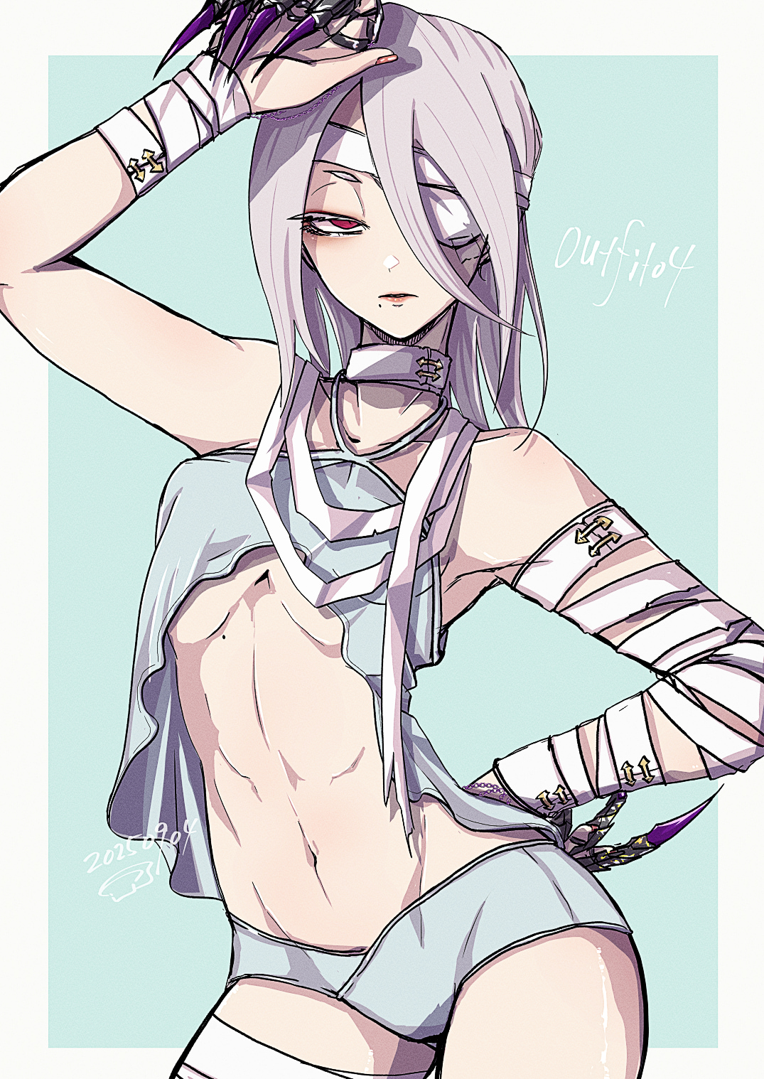 atgrbread, a.k.i. (street fighter), street fighter, street fighter 6, highres, 1girl, bandaged arm, bandages, claw ring, eyepatch, hair over one eye, medical eyepatch, mole, mole under mouth, navel, official alternate costume, red eyes, solo, white hair
