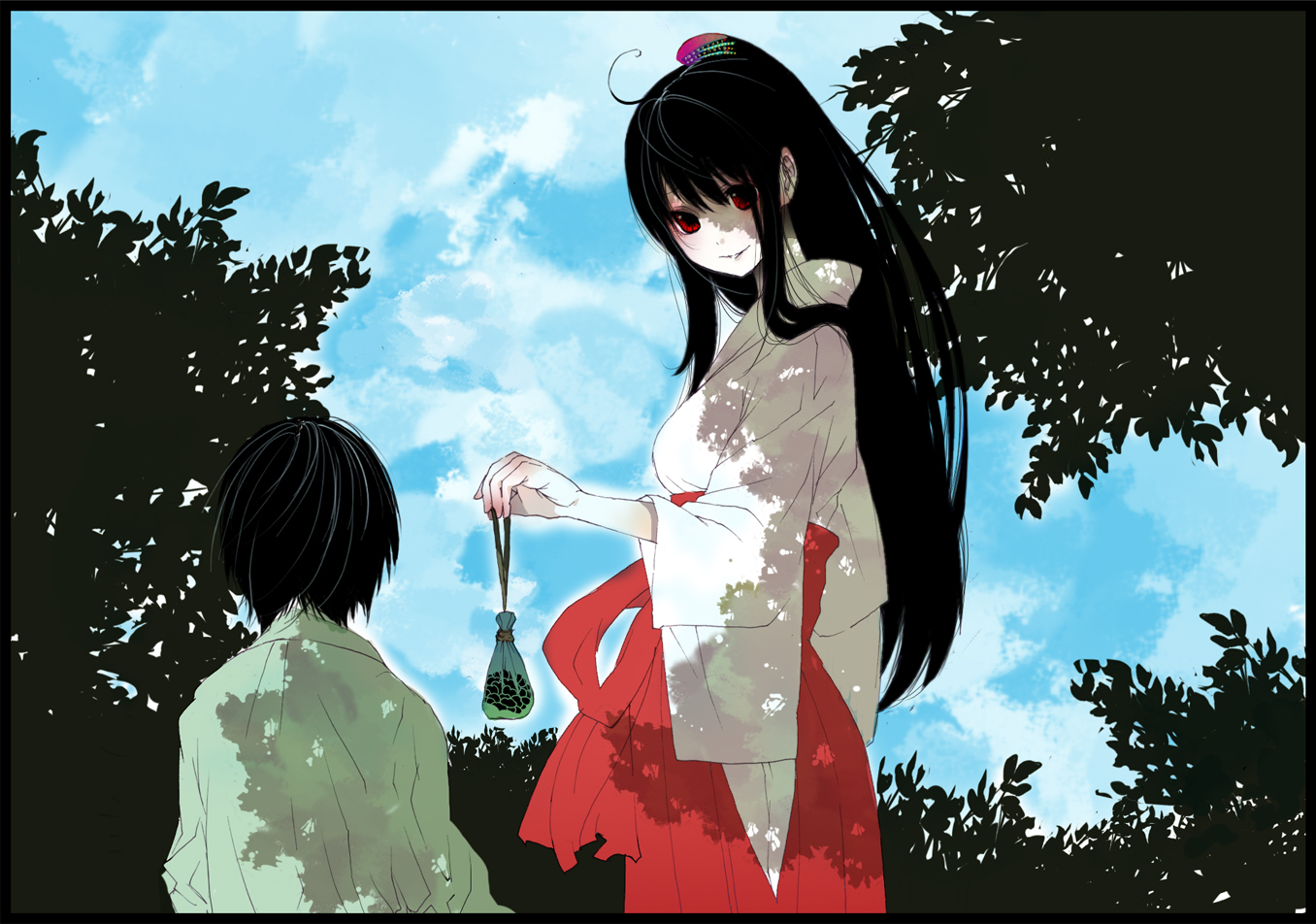 palmeros, bad id, bad pixiv id, 1boy, 1girl, ahoge, black hair, cloud, day, hair ornament, hakama, hakama skirt, japanese clothes, long hair, miko, red eyes, red hakama, skirt, sky, tree