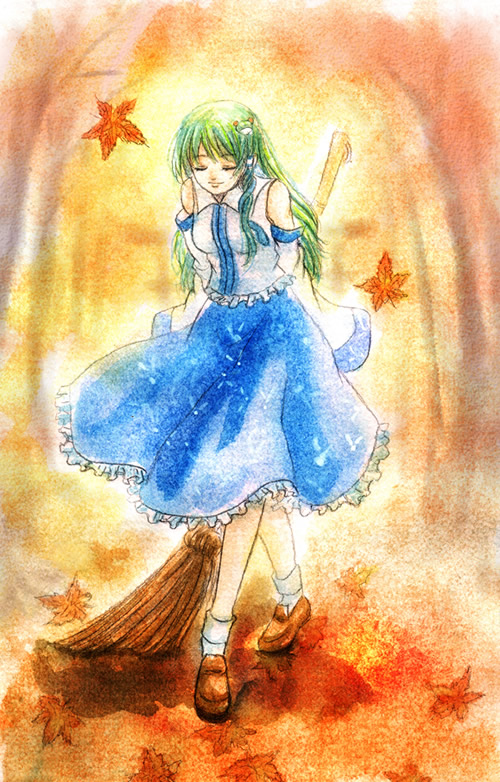 kannagara kanagi, kochiya sanae, touhou, bad id, bad pixiv id, 1girl, autumn, broom, closed eyes, female focus, frog, full body, green hair, hair ornament, hairclip, leaf, outdoors, plant, solo, standing, tree