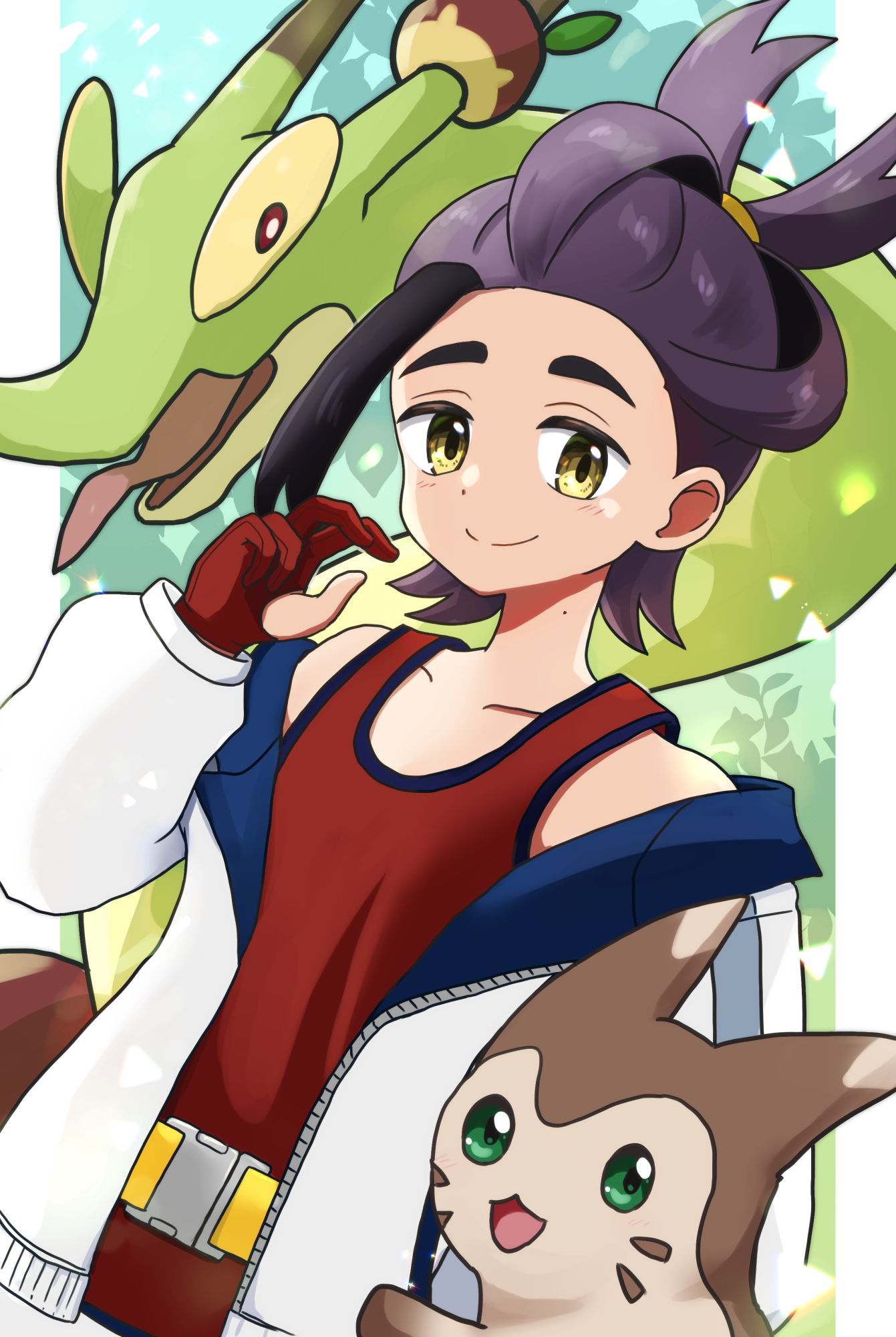 yyukisnow, furret, hydrapple, kieran (pokemon), nintendo, pokemon, pokemon sv, commentary request, highres, 1boy, black hair, closed mouth, collarbone, gen 2 pokemon, gloves, hand up, jacket, long sleeves, looking at viewer, loose hair strand, male focus, multicolored hair, off shoulder, partially fingerless gloves, pokemon (creature), purple hair, red gloves, red shirt, shirt, sleeveless, sleeveless shirt, smile, split mouth, split ponytail, two-tone hair, white jacket, yellow eyes, zipper