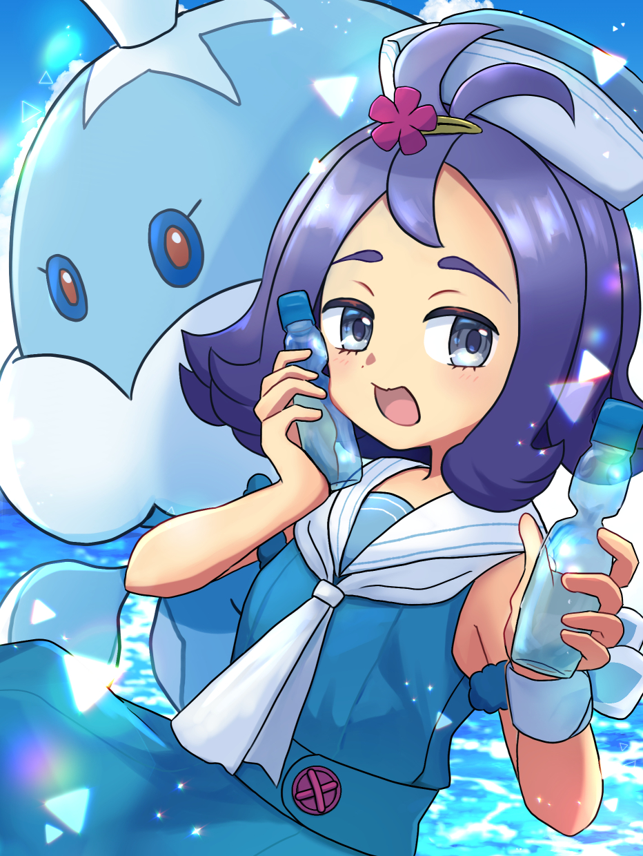 yyukisnow, acerola (pokemon), acerola (summer 2024) (pokemon), jellicent, jellicent (male), nintendo, pokemon, pokemon masters ex, commentary request, highres, 1girl, aqua dress, bottle, cloud, day, dress, flipped hair, gen 5 pokemon, grey eyes, hair ornament, hairclip, hat, holding, holding bottle, neckerchief, official alternate costume, open mouth, outdoors, pokemon (creature), purple hair, sailor collar, sailor dress, sky, sleeveless, sleeveless dress, topknot, water, water bottle, white sailor collar, wristband