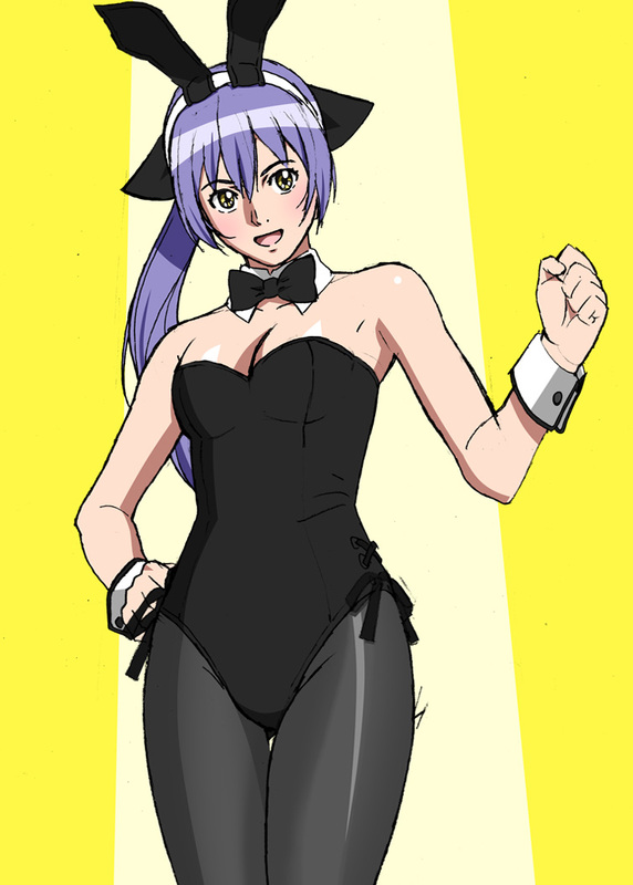 original, 1girl, animal ears, bare shoulders, black bow, black bowtie, black pantyhose, blue hair, bow, bowtie, breasts, collar, cropped legs, detached collar, fake animal ears, female focus, hand on own hip, hand up, head tilt, leotard, long hair, open mouth, pantyhose, playboy bunny, ponytail, rabbit ears, smile, solo, strapless, thigh gap, wrist cuffs, yellow eyes