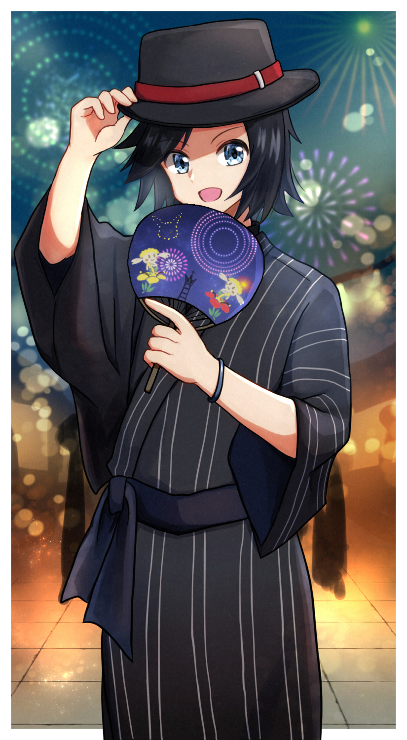 yyukisnow, calem (pokemon), flabebe, flabebe (red flower), flabebe (yellow flower), nintendo, pokemon, pokemon xy, commentary request, highres, 1boy, :d, aerial fireworks, alternate costume, black hair, black hat, black kimono, blue eyes, blurry, blurry background, bracelet, character print, fireworks, gen 6 pokemon, hand on headwear, hat, holding, holding paddle, japanese clothes, jewelry, kimono, male focus, night, open mouth, outdoors, paddle, short hair, sky, smile, solo, standing, tile floor, tiles