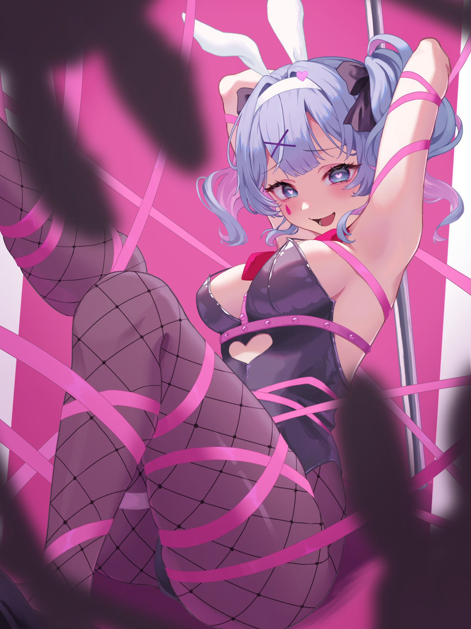 amanegi toro, hatsune miku, rabbit hole (vocaloid), vocaloid, commentary request, highres, 1girl, aegyo sal, animal ears, armpits, arms up, bdsm, black leotard, blue eyes, blue hair, blurry, blurry foreground, blush, bondage, bound, breasts, clothing cutout, cutout above navel, eyelashes, fishnet pantyhose, fishnets, heart, heart-shaped pupils, heart cutout, large breasts, leotard, lower teeth only, medium hair, necktie, pantyhose, pink background, pink necktie, playboy bunny, pole, rabbit ears, restrained, ribbon, solo, spaghetti strap, stripper pole, symbol-shaped pupils, teardrop, teeth, twintails
