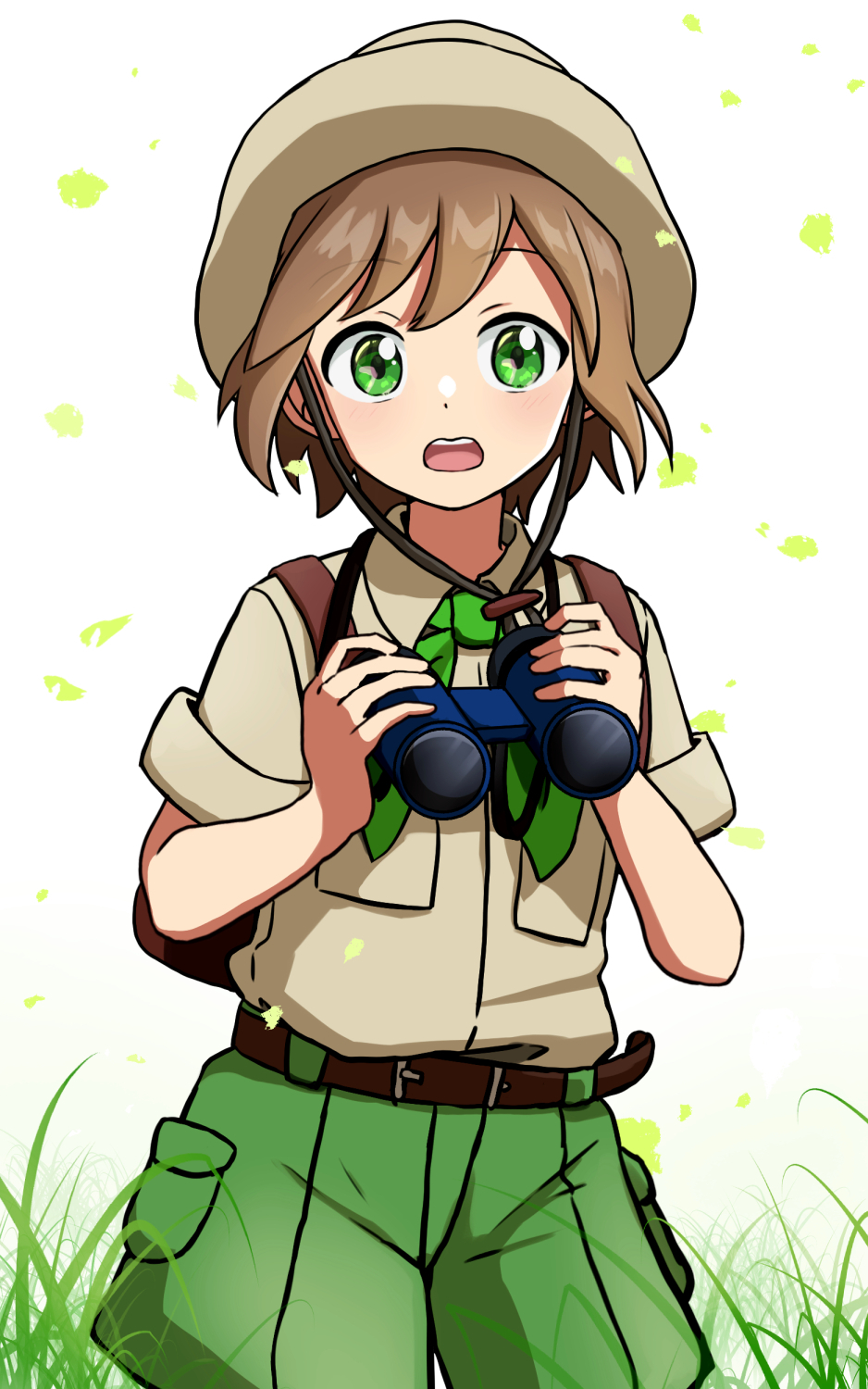 yyukisnow, budding expeditioner (pokemon), nintendo, pokemon, pokemon tcg, pokemon tcg pocket, commentary request, highres, 1boy, backpack, bag, belt, binoculars, breast pocket, brown bag, brown belt, brown hair, collared shirt, falling petals, grass, green eyes, green neckerchief, green shorts, hat, holding, holding binoculars, looking at viewer, male focus, neckerchief, open mouth, petals, pocket, shirt, short hair, short sleeves, shorts, solo, teeth, tongue, upper teeth only, white background