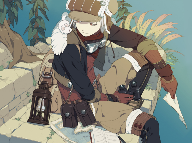 honya lala, original, gender request, androgynous, bag, belt, binoculars, book, gloves, goggles, hat, map, mouse (animal), paper, red eyes, short hair, sitting, solo, white hair