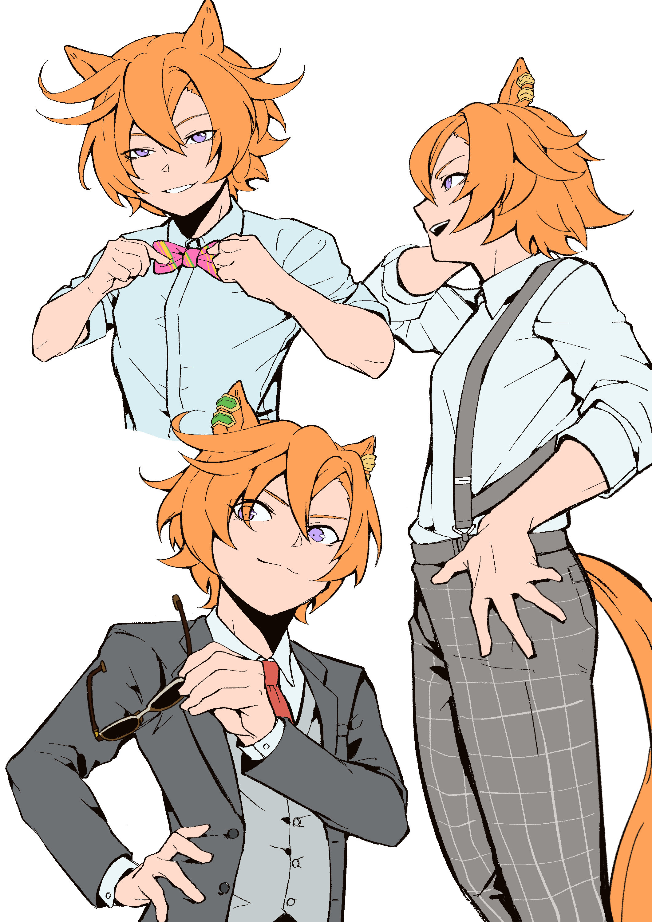 dogeyama um, t.m. opera o (umamusume), umamusume, absurdres, highres, 1girl, adjusting bowtie, adjusting clothes, alternate costume, androgynous, animal ears, arm up, black jacket, bow, bowtie, closed mouth, cropped torso, ear ornament, eyes visible through hair, flat color, formal clothes, grey background, grey vest, hair between eyes, hand on own hip, hand up, hands up, holding, holding removed eyewear, horse ears, horse girl, horse tail, jacket, jewelry, long sleeves, looking at viewer, multicolored bow, multiple views, necktie, open clothes, open jacket, open mouth, orange hair, pants, parted lips, purple eyes, red necktie, shirt tucked in, short hair, simple background, sleeves rolled up, smile, suit, suit jacket, sunglasses, suspenders, tail, unworn eyewear, upper body, vest