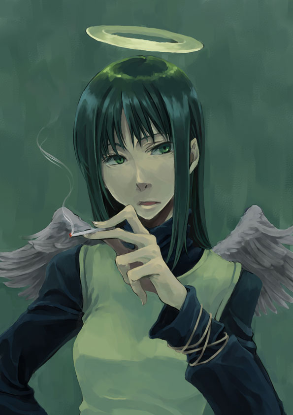 morihito, reki (haibane renmei), haibane renmei, artist request, 00s, black hair, cigarette, green eyes, halo, long hair, traditional halo, wings