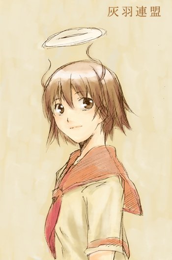 avalonsarg, avalonsarg (pixiv), rakka (haibane renmei), haibane renmei, bad id, bad pixiv id, 00s, 1girl, brown eyes, brown hair, female focus, halo, messy hair, school uniform, serafuku, sketch, solo, static cling, traditional halo