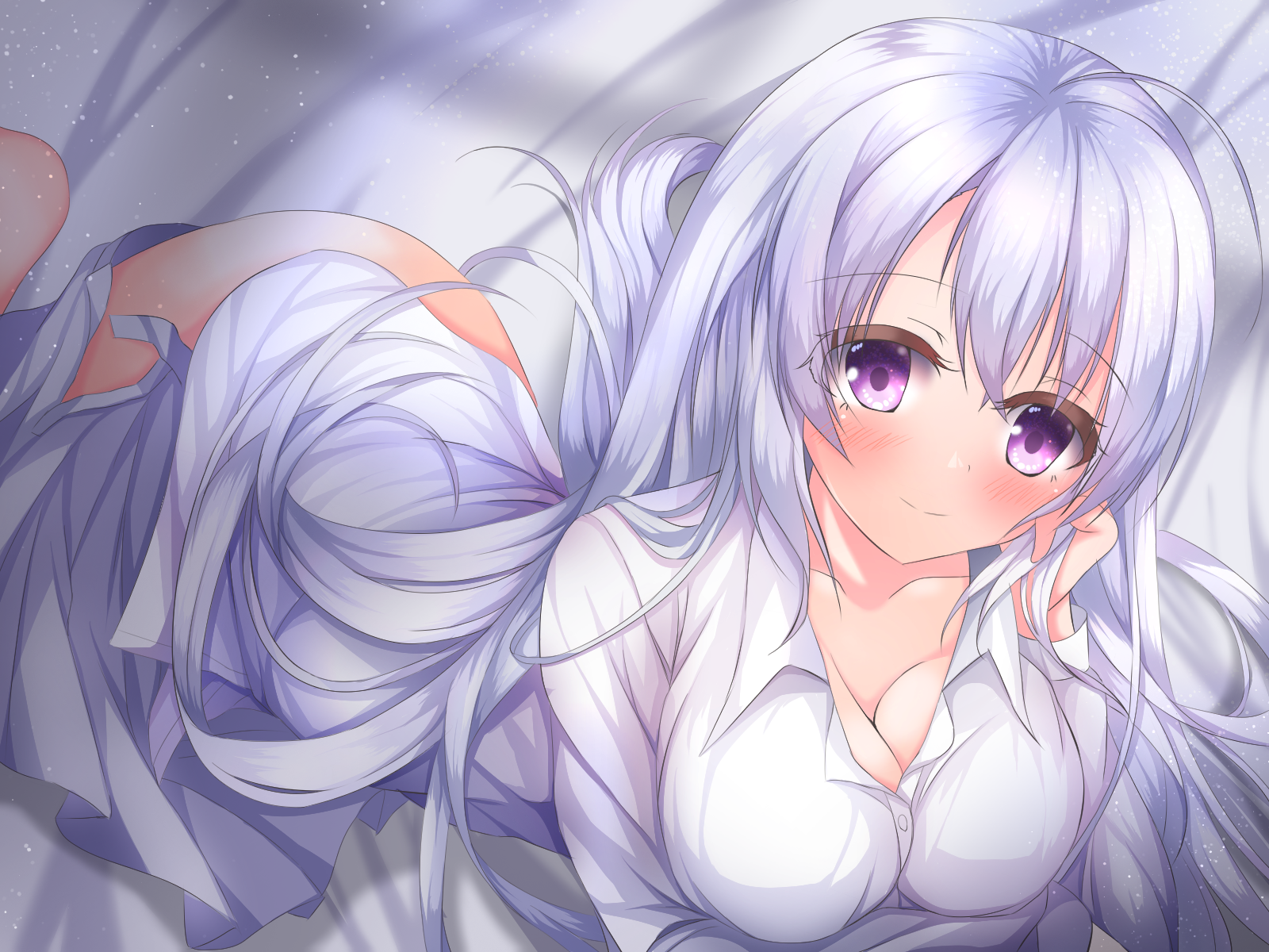 koyo aki (vtvd5277), ayachi nene, sanoba witch, commentary, highres, 1girl, ahoge, arm under breasts, bed sheet, blush, breasts, cleavage, closed mouth, clothes pull, collarbone, collared shirt, dress shirt, eyelashes, eyes visible through hair, feet out of frame, grey hair, grey skirt, hair between eyes, hair over shoulder, hair spread out, hand on own cheek, hand on own face, hand up, large breasts, long hair, long sleeves, looking at viewer, lying, miniskirt, on stomach, pleated skirt, purple eyes, shirt, skirt, skirt pull, smile, solo, split mouth, tareme, very long hair, white shirt
